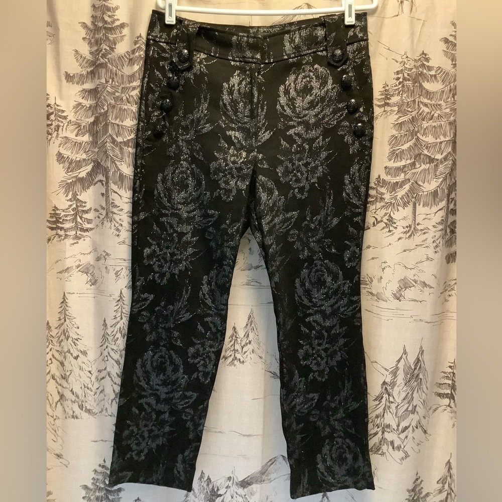 WHBM Silver Floral Patterned Black Pants